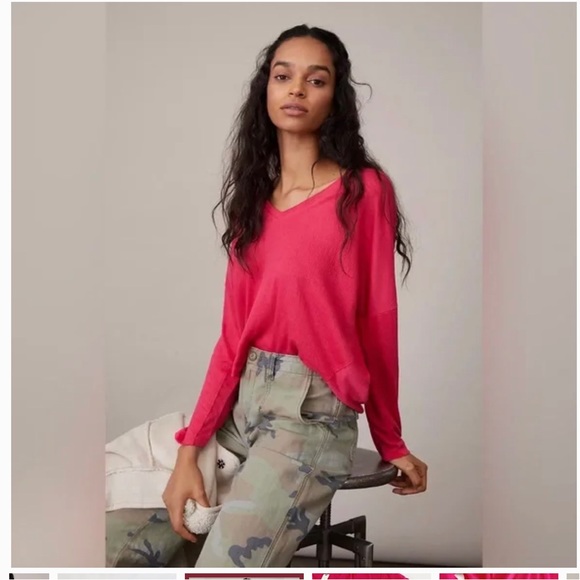 Anthropologie Pink ribbed Long Sleeve V-Neck Top - Picture 1 of 5